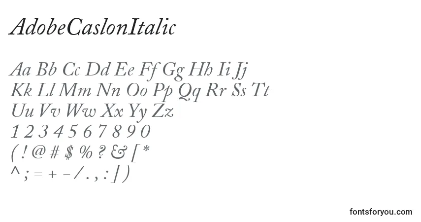 A fonte AdobeCaslonItalic – alfabeto, números, caracteres especiais
