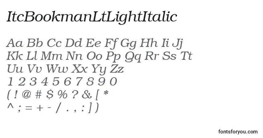 Czcionka ItcBookmanLtLightItalic – alfabet, cyfry, specjalne znaki