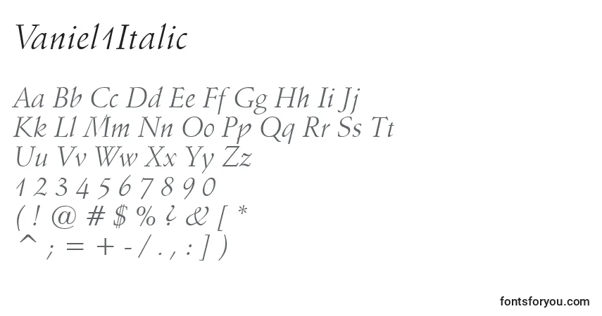 A fonte Vaniel1Italic – alfabeto, números, caracteres especiais