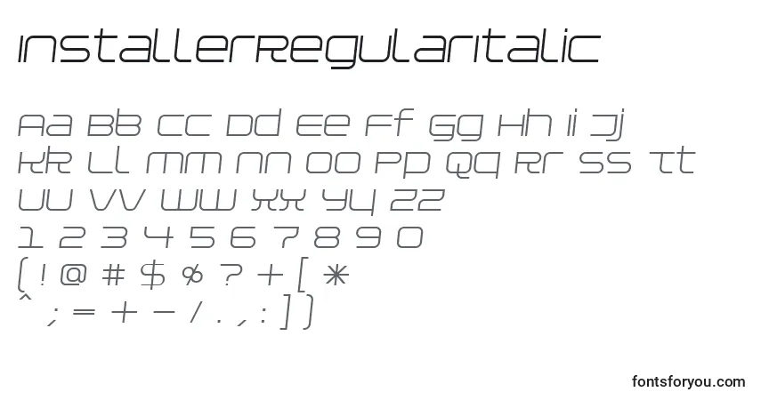 Czcionka InstallerRegularItalic – alfabet, cyfry, specjalne znaki