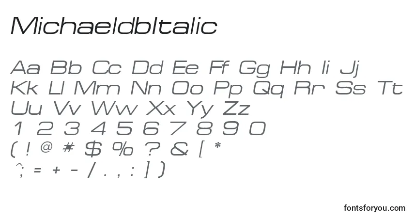 Czcionka MichaeldbItalic – alfabet, cyfry, specjalne znaki