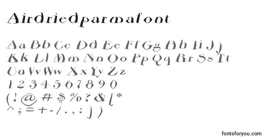 Czcionka Airdriedparmafont – alfabet, cyfry, specjalne znaki