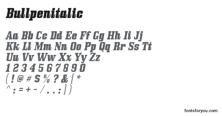 Schriftart Bullpenitalic – Alphabet, Zahlen, spezielle Symbole