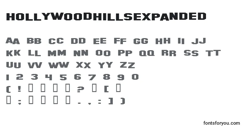 Czcionka HollywoodHillsExpanded – alfabet, cyfry, specjalne znaki