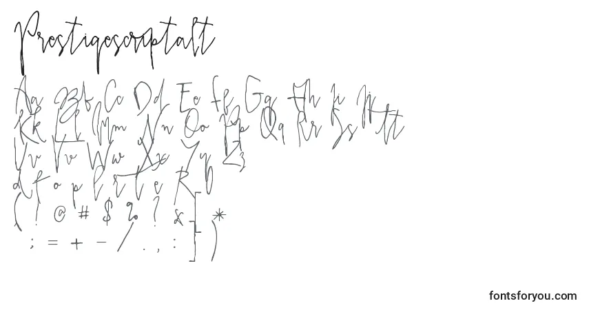 Czcionka Prestigescriptalt – alfabet, cyfry, specjalne znaki