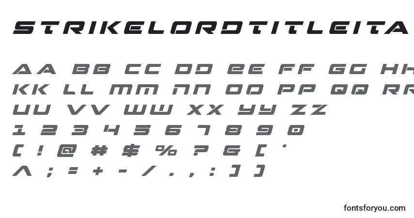 Czcionka Strikelordtitleital – alfabet, cyfry, specjalne znaki