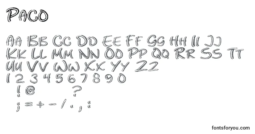 Czcionka Paco – alfabet, cyfry, specjalne znaki