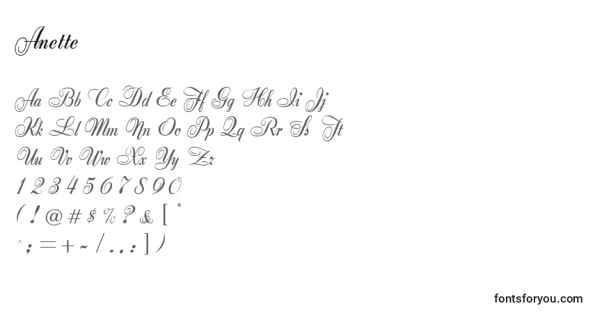 A fonte Anette – alfabeto, números, caracteres especiais