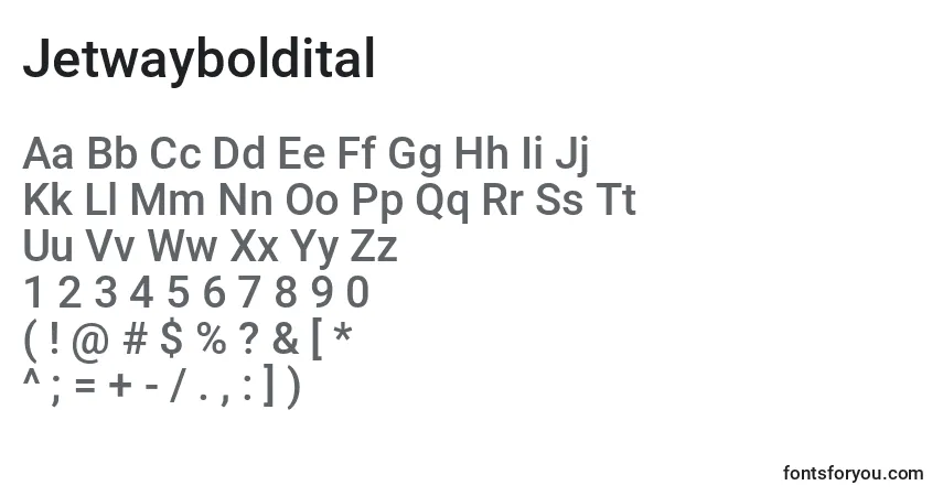 Czcionka Jetwayboldital – alfabet, cyfry, specjalne znaki