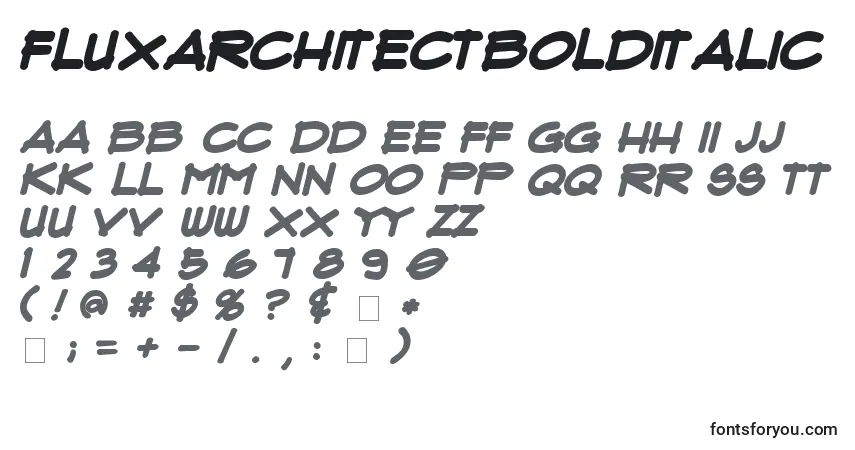 A fonte FluxArchitectBoldItalic – alfabeto, números, caracteres especiais