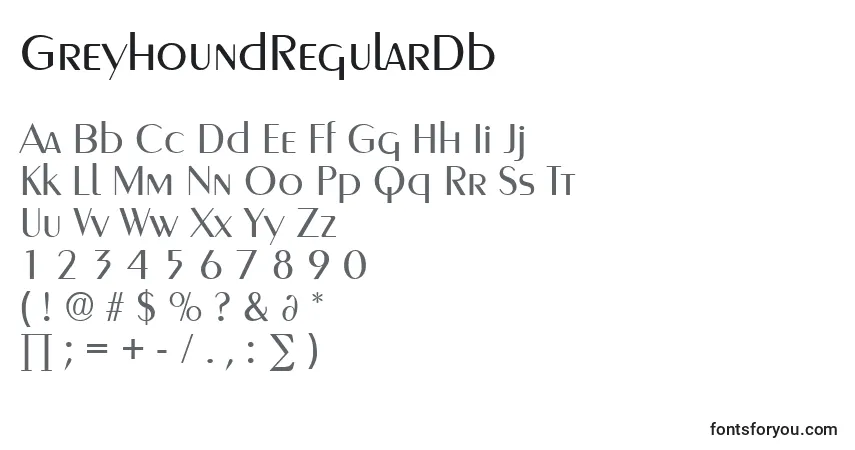 Fuente GreyhoundRegularDb - alfabeto, números, caracteres especiales
