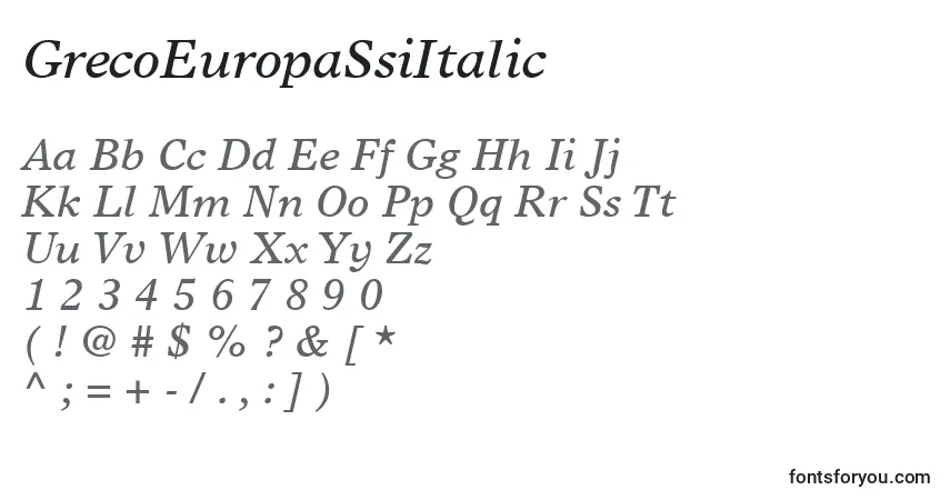 A fonte GrecoEuropaSsiItalic – alfabeto, números, caracteres especiais
