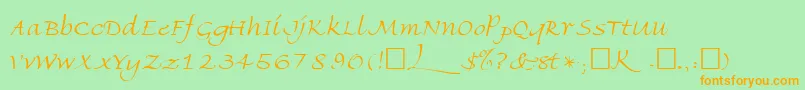 フォントFriherrsRegular – オレンジの文字が緑の背景にあります。