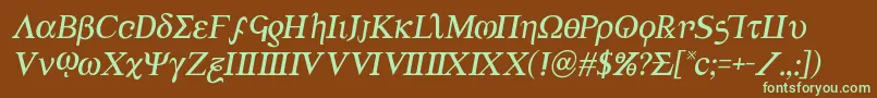 フォントAchilles3semital – 緑色の文字が茶色の背景にあります。