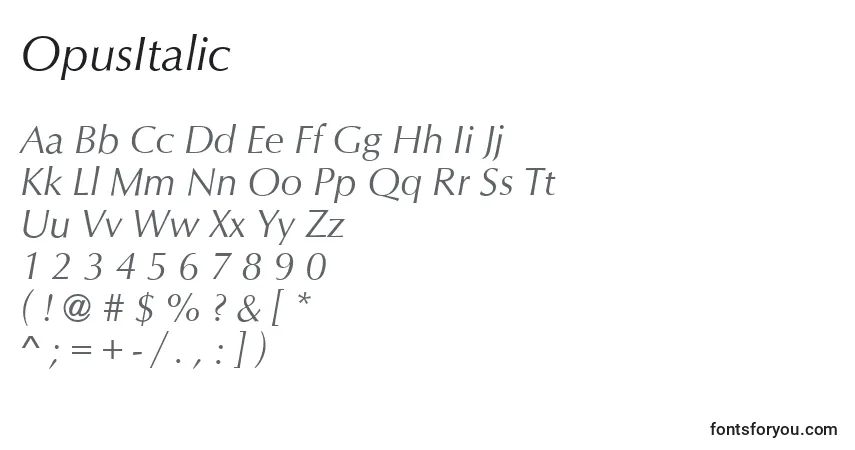 Czcionka OpusItalic – alfabet, cyfry, specjalne znaki