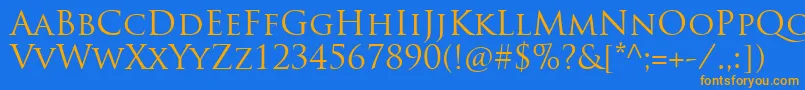 フォントTrajanproRegular – オレンジ色の文字が青い背景にあります。