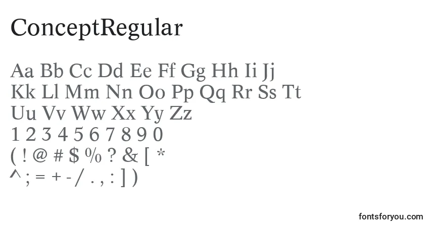 A fonte ConceptRegular – alfabeto, números, caracteres especiais