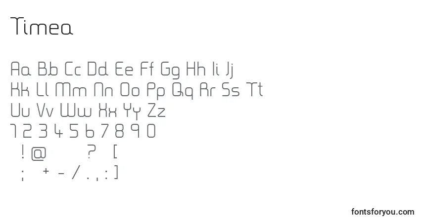 A fonte Timea – alfabeto, números, caracteres especiais