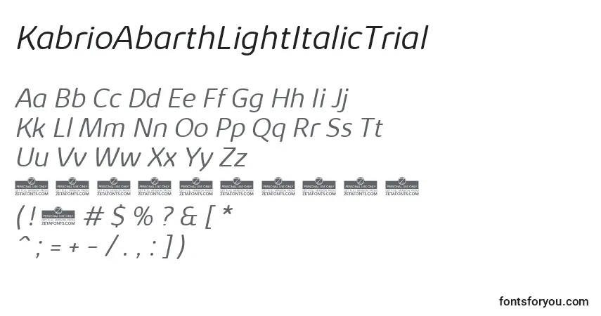 KabrioAbarthLightItalicTrial-fontti – aakkoset, numerot, erikoismerkit
