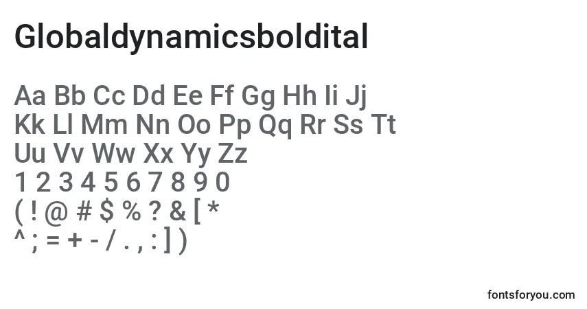 Шрифт Globaldynamicsboldital – алфавит, цифры, специальные символы