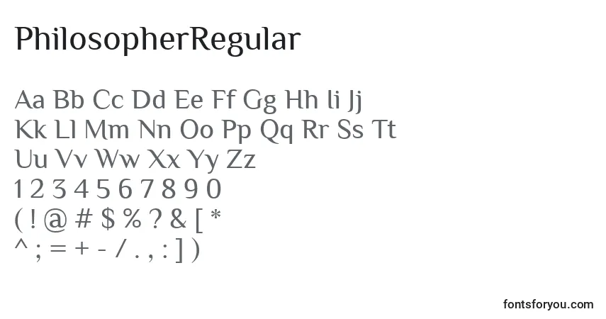 A fonte PhilosopherRegular – alfabeto, números, caracteres especiais