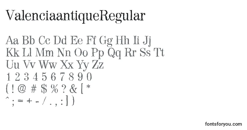 Schriftart ValenciaantiqueRegular – Alphabet, Zahlen, spezielle Symbole