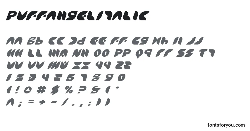 Schriftart PuffAngelItalic – Alphabet, Zahlen, spezielle Symbole
