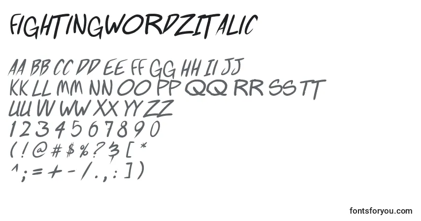 Czcionka FightingWordzItalic – alfabet, cyfry, specjalne znaki