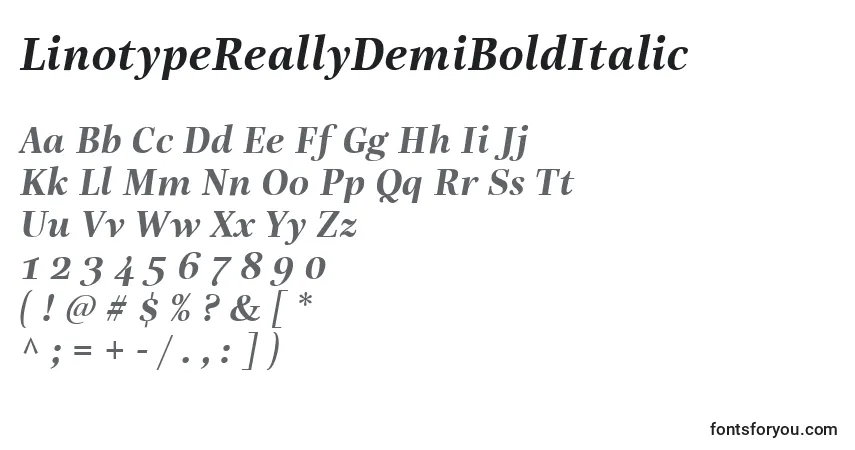 Schriftart LinotypeReallyDemiBoldItalic – Alphabet, Zahlen, spezielle Symbole
