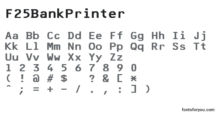 F25BankPrinter-fontti – aakkoset, numerot, erikoismerkit