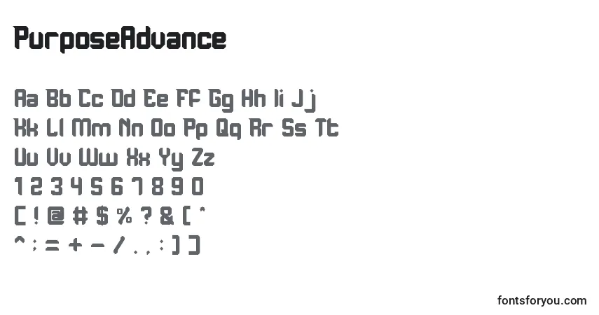 Czcionka PurposeAdvance – alfabet, cyfry, specjalne znaki