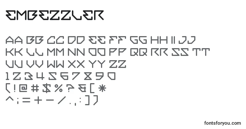 Czcionka Embezzler – alfabet, cyfry, specjalne znaki