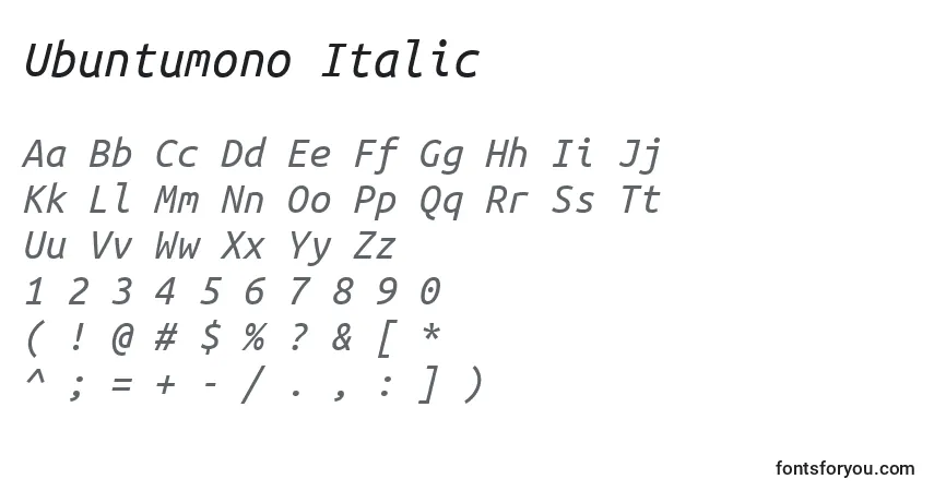 Шрифт Ubuntumono Italic – алфавит, цифры, специальные символы