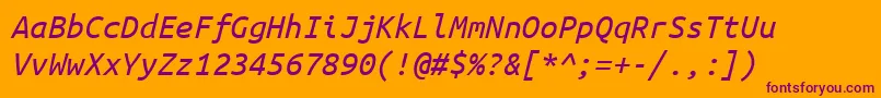 Więcej informacji o czcionce Ubuntumono Italic Czcionka Ubuntumono Italic – fioletowe czcionki na pomarańczowym tle