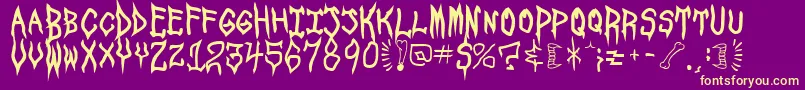 Saiba mais sobre a fonte SpookshowUndead Fonte SpookshowUndead – fontes amarelas em um fundo roxo