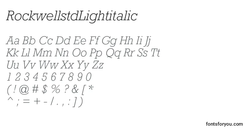 Шрифт RockwellstdLightitalic – алфавит, цифры, специальные символы