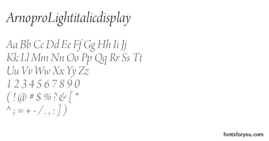 Czcionka ArnoproLightitalicdisplay – alfabet, cyfry, specjalne znaki
