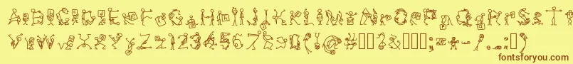 フォントStickfigures – 茶色の文字が黄色の背景にあります。