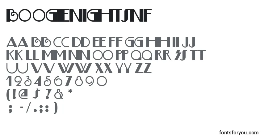 A fonte Boogienightsnf (78813) – alfabeto, números, caracteres especiais