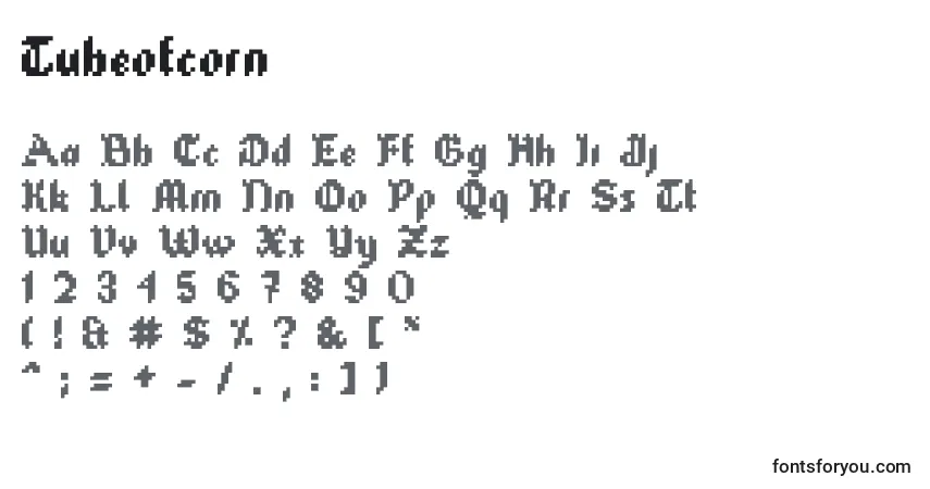 Czcionka Tubeofcorn – alfabet, cyfry, specjalne znaki