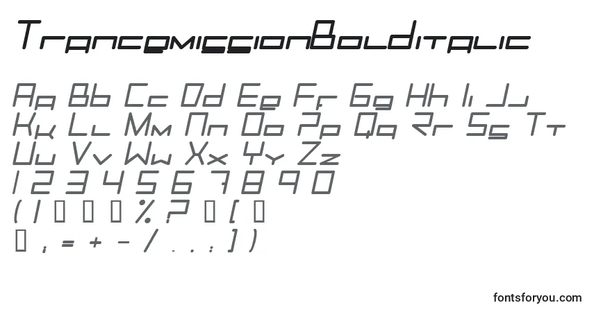 A fonte TrancemissionBolditalic – alfabeto, números, caracteres especiais