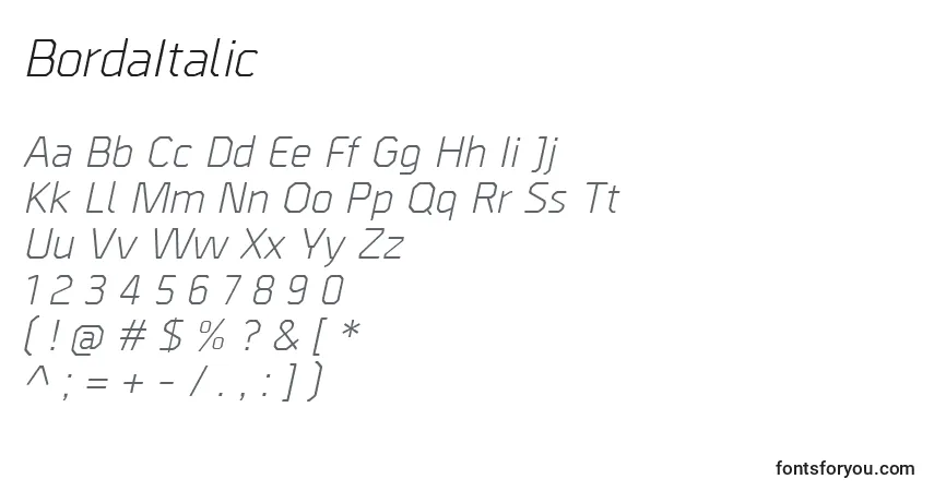 Шрифт BordaItalic – алфавит, цифры, специальные символы