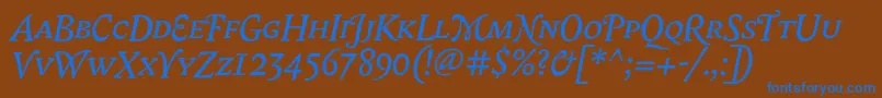 BiblonScOtItalic-Schriftart – Blaue Schriften auf braunem Hintergrund