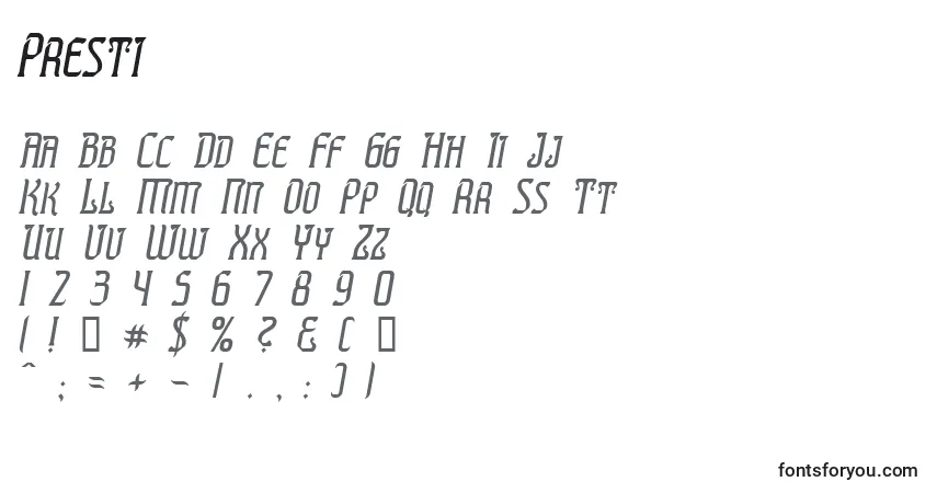 Schriftart Presti – Alphabet, Zahlen, spezielle Symbole