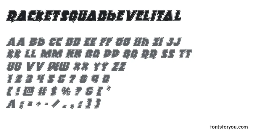 Czcionka Racketsquadbevelital – alfabet, cyfry, specjalne znaki