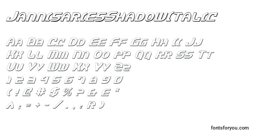 A fonte JannisariesShadowItalic – alfabeto, números, caracteres especiais