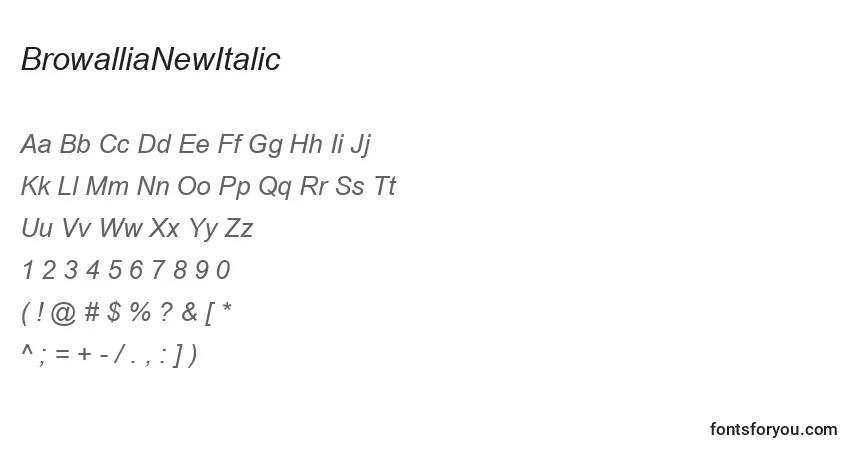 A fonte BrowalliaNewItalic – alfabeto, números, caracteres especiais
