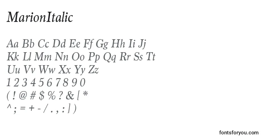 A fonte MarionItalic – alfabeto, números, caracteres especiais