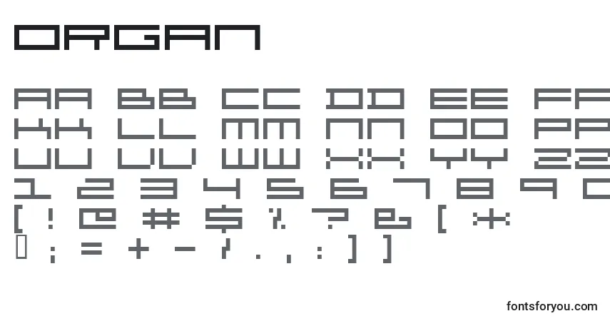 Czcionka Organ – alfabet, cyfry, specjalne znaki