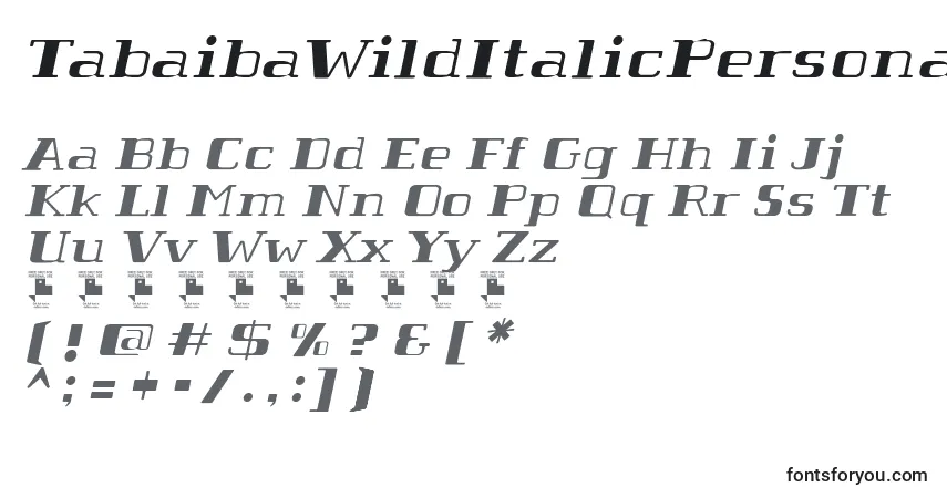 Czcionka TabaibaWildItalicPersonalUse (78930) – alfabet, cyfry, specjalne znaki